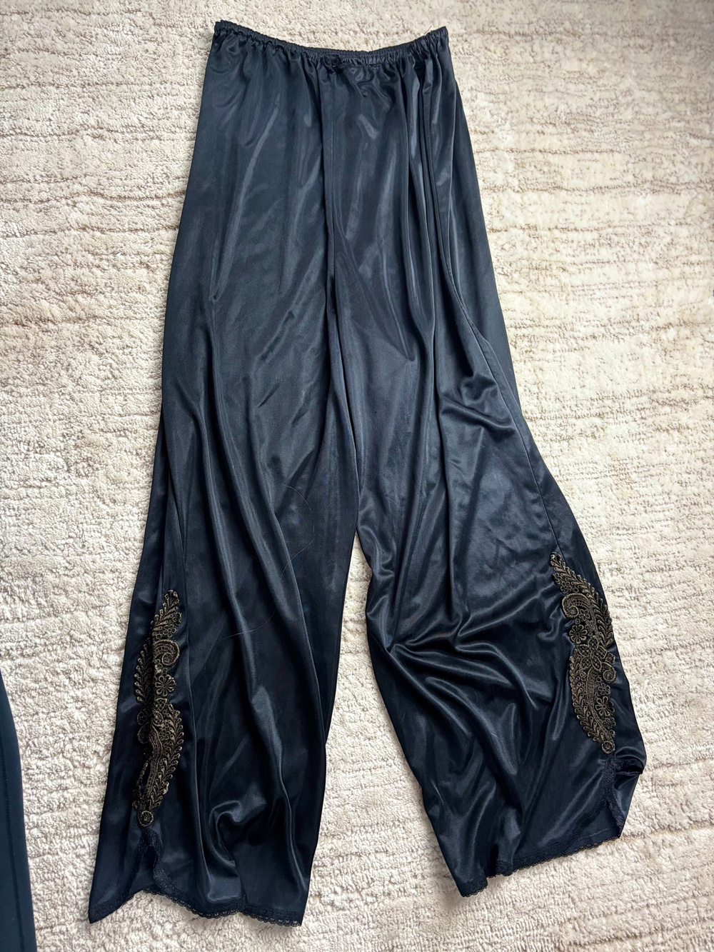 Vintage Black Satin Wide Leg Palazzo Pants Floral Lace Trim One Size